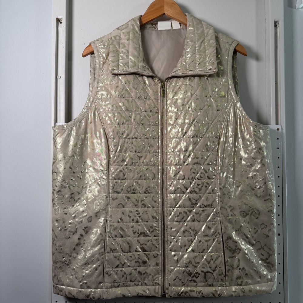 Zenergy by Chicos Gold Metallic Leopard Quilted Vest Champagne Size 3 XL